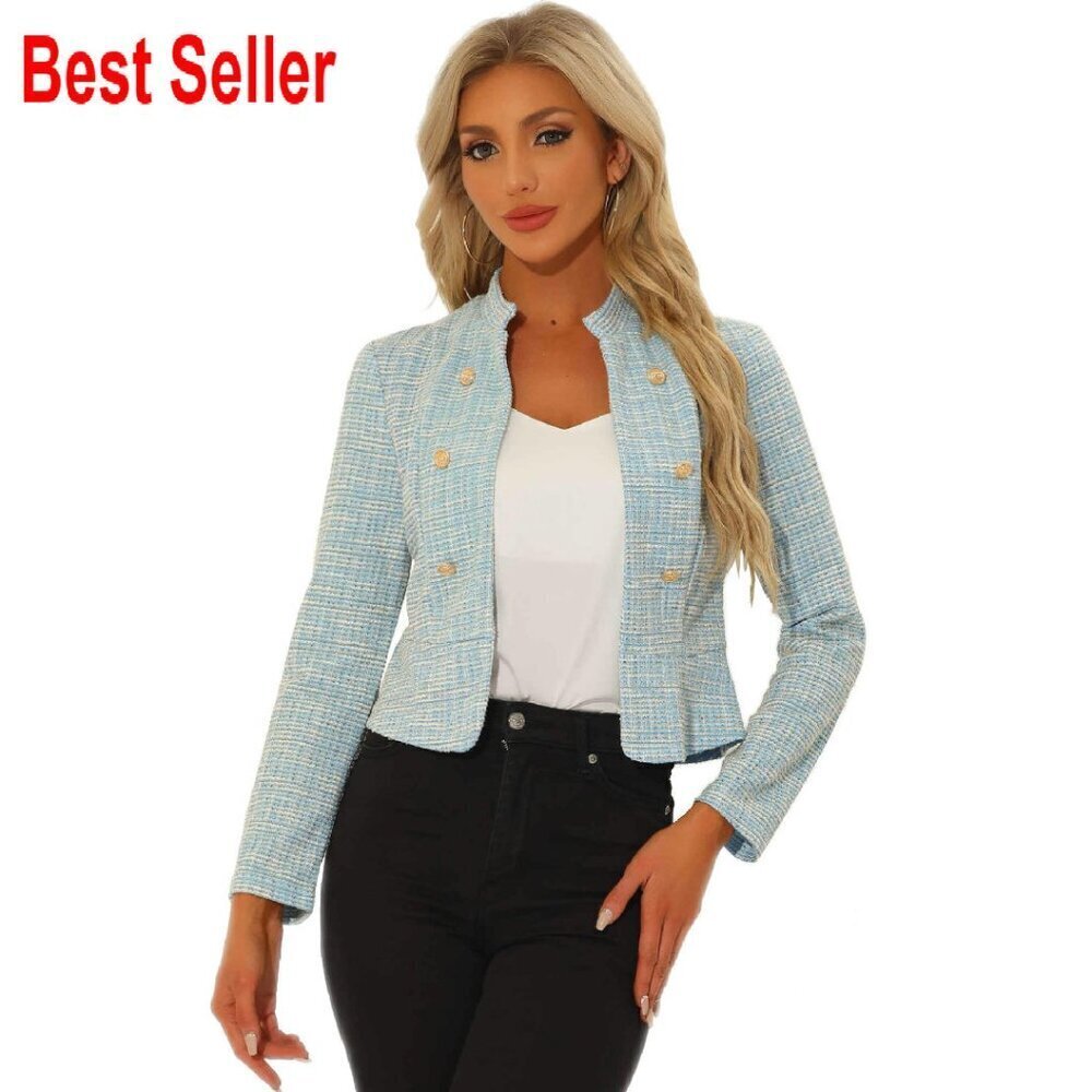 Vintage Tweed Blazer Stand Collar Cropped Business Chic Elegant Office Wear